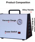 Lab Vacuum Filtration Device With Sand Core Funnel Filtering Kit, Oil Free Diaphragm Vacuum Pump, safety buffer bottle, shown in close-up with handle and gauge