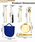 Dimensions of 10 Piece Camping Utensils Set Stainless Steel Golden Cutlery includes knife, fork, spoon, plates, tongs and bag.