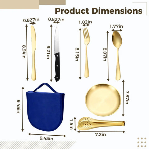 Dimensions of 10 Piece Camping Utensils Set Stainless Steel Golden Cutlery includes knife, fork, spoon, plates, tongs and bag.