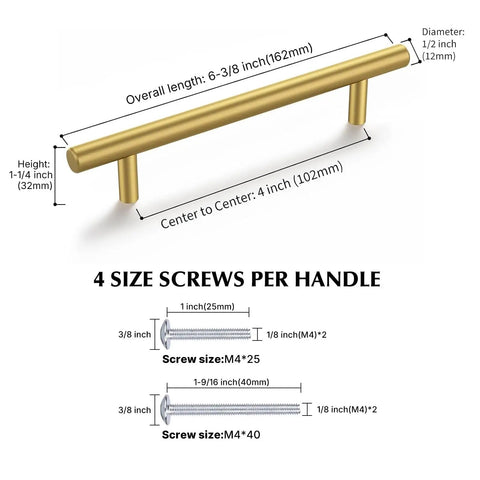 30 Pack Brushed Brass Gold Cabinet Pulls 4 Inch Hole Center Modern Bar Dresser Handle with Screw Dimensions