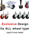 Various caster wheels displayed showing compatibility for Premium Silicone Furniture Caster Cups 4 Pack For All Furniture Wheels Bed Stoppers Non Slip Floor Protectors For Sofa Beds And Chairs 3.0 Inch Black