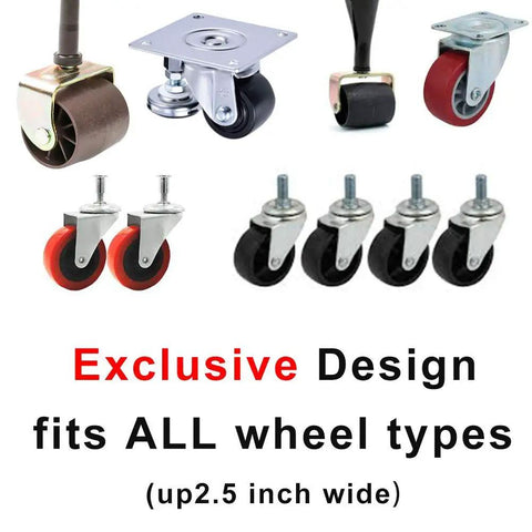 Various caster wheels displayed showing compatibility for Premium Silicone Furniture Caster Cups 4 Pack For All Furniture Wheels Bed Stoppers Non Slip Floor Protectors For Sofa Beds And Chairs 3.0 Inch Black