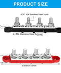 Road Ready Power Distribution Bus Bar With Four M8 Terminal Studs Handles 250 Amps On 12V Systems Built Tough For Solar And RV Genuine Tinned Copper Conductors No Hassle Hookup Positive And Negative Pair In Red And Black, showing size and stainless steel studs.