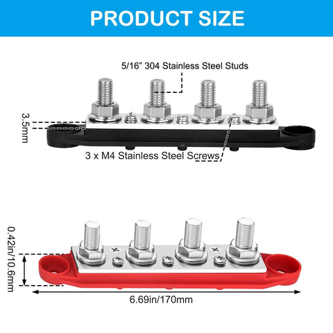 Road Ready Power Distribution Bus Bar With Four M8 Terminal Studs Handles 250 Amps On 12V Systems Built Tough For Solar And RV Genuine Tinned Copper Conductors No Hassle Hookup Positive And Negative Pair In Red And Black, showing size and stainless steel studs.
