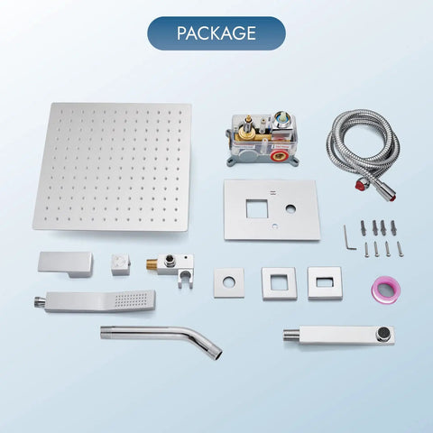 3-Function Wall Mount Shower System With Mixer, 8 Inch Rain Shower Head, Handheld Spray, Tub Spout, components on display