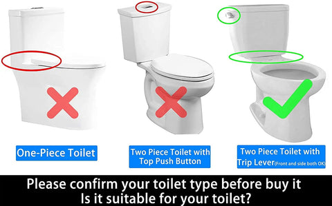 Comparison of toilet types showing which 2-piece toilets fit the 3 Inch Flush Valve Replacement Kit with Gasket and Bolts.