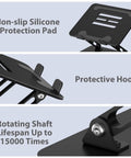 Adjustable Laptop Stand for Desk, Foldable Riser Holder With Ventilated Cooling showing non-slip pad, hook, and durable rotating shaft.