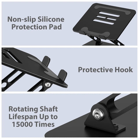 Adjustable Laptop Stand for Desk, Foldable Riser Holder With Ventilated Cooling showing non-slip pad, hook, and durable rotating shaft.