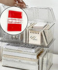 Clear Self Adhesive Mini Piano Hinges 25x35 mm used on acrylic display cases for easy lid opening.