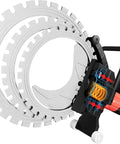 Badass Yet Precise Brushless Concrete Ring Saw With 8900 Watt Drive Motor showing titanium alloy blade and motor details.
