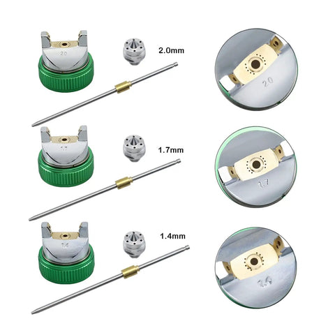 Adjustable nozzles for Slick Handheld Airbrush Kit And Hvlp Paint Sprayer, featuring sizes 2.0mm, 1.7mm, and 1.4mm.