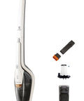 Side view of Electrolux Ergorapido cordless 2-in-1 vacuum cleaner in satin white with floor nozzle