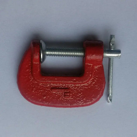Heavy Duty Steel C Clamp 1 Inch G Clamp For Woodworking And Welding Jobs With Swivel Pad And Acme Screw Thread, red finish, top view.