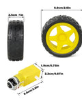 Four Pack DC 3 To 6 Volt Dual Shaft Gear Motor And Wheel Kit With 200 RPM And 1 To 48 Gear Ratio 65 Millimeter Rubber Tires For Arduino Smart Car Chassis And DIY STEM Robotics Wires Not Included, showing dimensions of wheel and motor.