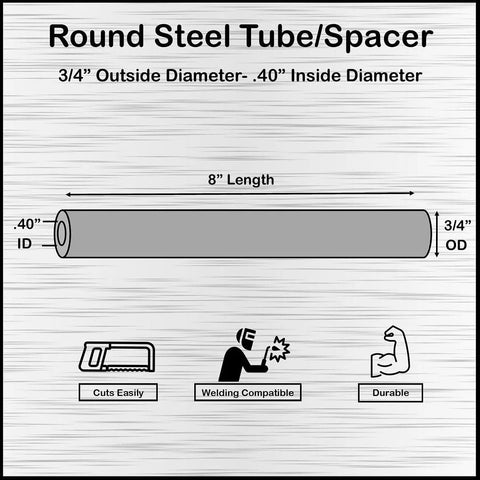 Front view: round steel tube spacer, 8 in long, 3/4 in OD, 0.40 in ID, 2-pack