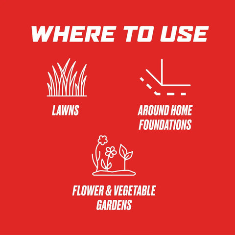 "Where to Use" diagram showing lawns, around home foundations, flower and vegetable gardens, related to Lawn Bug Killer Granules For Large Yards Up To 10,000 Sq Ft Kills Ants Spiders Fleas And Ticks With Outdoor Bug Control That Works Above And Below Ground For 3 Month Protection In A 10 Lb Bag.