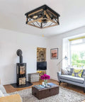 Farmhouse Flush Mount Cage Light With Adjustable Pull Chain, Square Wood Rustic Ceiling Fixture In Black Metal Industrial Style