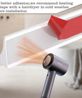 118 Inch Shower Threshold Water Dam Barrier For Frameless Shower Doors Easy No Fuss Self Adhesive Install Silicone Splash Guard For Kitchen And Bathroom Corner Tub Shower Water Guard White in use with hairdryer for adhesion