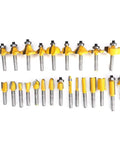 24 Piece 1/4 Inch Shank Router Bit Set Premium Carbide Cutters For Sharp Trimming Engraving Milling with yellow tips and steel shanks.