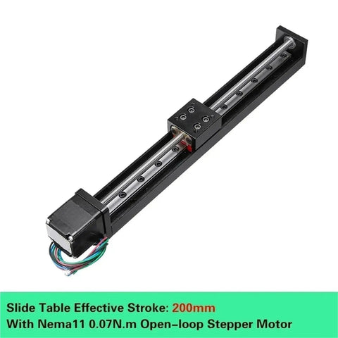 Slick XYZ Axis Motorized Slide Table Featuring Tight T Shape Linear Guide Rail And Precision C7 Ball Screw For Dead Solid Motion Control On Any Quick Build Rig with Nema11 stepper motor and 200mm stroke.