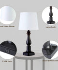 Rustic 3 Way Touch Control Table Lamps Set Of 2 With Dual USB Ports, Cozy Vintage Bedside Nightstand Lights details
