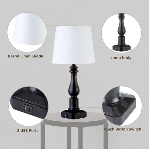 Rustic 3 Way Touch Control Table Lamps Set Of 2 With Dual USB Ports, Cozy Vintage Bedside Nightstand Lights details