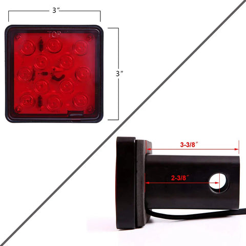Red Lens Trailer Hitch Cover With 12 LED Brake Light For 2 Inch Receiver featuring weatherproof aluminum housing, side view.