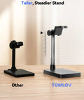 Comparison of two microscope stands on a wooden surface. TOMLOV stand on the right is taller and steadier than the other.