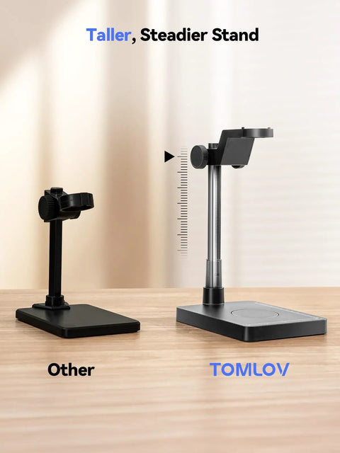 Comparison of two microscope stands on a wooden surface. TOMLOV stand on the right is taller and steadier than the other.