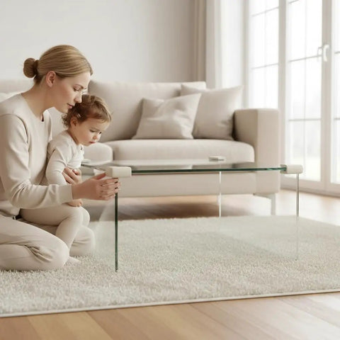 Super Slick U Shaped Baby Proofing Corner Guards For Glass Tables And Thin Furniture, soft EVA foam edge protectors on a glass table.