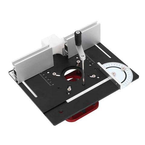 Universal Router Table Insert Plate With 51 Mm Stroke Lift Kit And Crank Handle Fits 64 To 66 Mm Motors, showing adjustment lever and measurement scale.