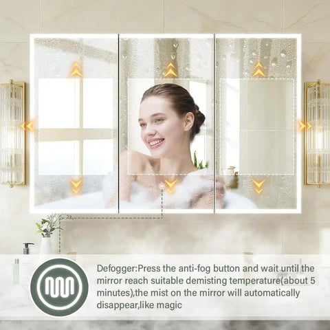 LED Medicine Cabinet 48 By 32 Inch With Demister and Dimmable Interior Lighting, featuring a USB Shaver Socket and Internal Shelves