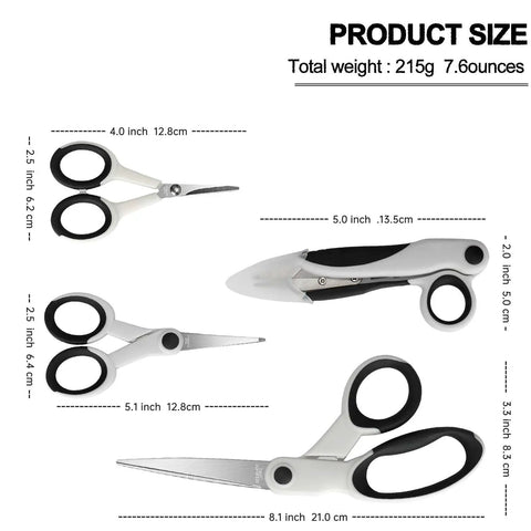 Heavy Duty Sewing Scissors Set All Purpose 8 Inch Fabric Scissors, 5 Inch Embroidery Snips, 4 Inch Detail Scissors, 5 Inch Thread Snips For Sewing Quilting Tailoring Dressmaking Craft Projects shown with sizes