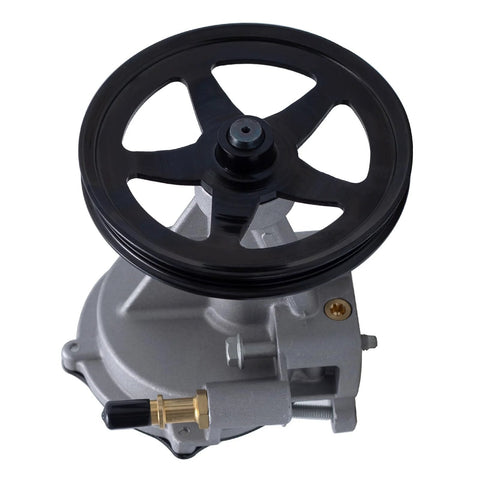 Front view of TUCAREST brake vacuum pump with black pulley on gray metal housing