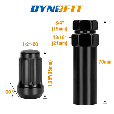 20 Piece 1/2-20 Wheel Locking Lug Nut Kit With 6 Spline Closed End, 1.38 Inch Length, Conical 60 Degree Seat, size comparison image