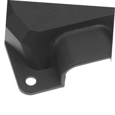 Close-up of black heavy-duty plastic protective junction box corner detail with mounting hole for welding machines.