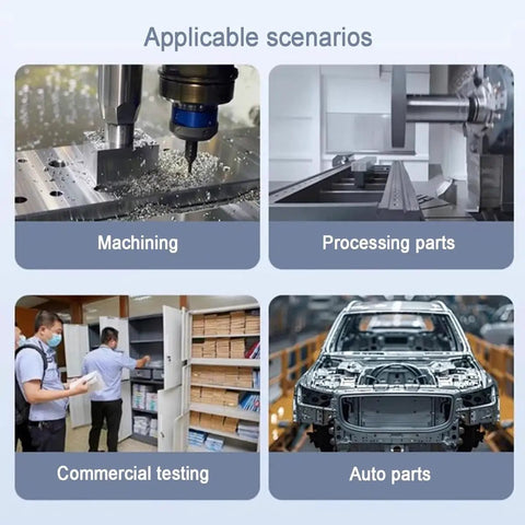 Four scenarios showing machining, processing parts, commercial testing, and auto parts with images of relevant equipment and activities.