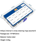 External C Clip Circlip Set 480 Pieces Ranging From 5 To 19 Mm in carbon steel storage case with dimensions labeled 445 pieces