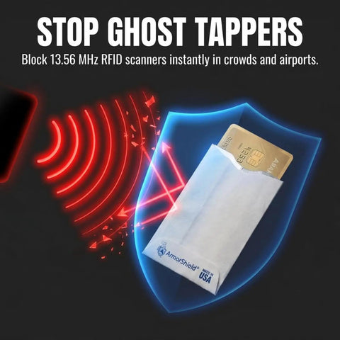 RFID Blocking Credit Card Sleeves For Wallet And Purse, Anti Skimming Protection, showing card in sleeve with shield graphic