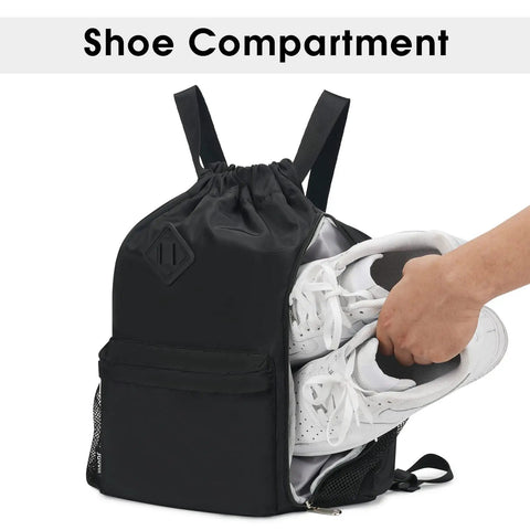 Drawstring Gym Backpack With Separate Sneaker Compartment showing hand placing white shoes inside, black durable design, 19x18 inch size