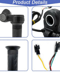 Top Shelf Rubber Twist Throttle Grip With Two Keys Waterproof Ebike Accelerator Handle And Speed Controller showing grip, angle views and wire connections.