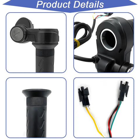 Top Shelf Rubber Twist Throttle Grip With Two Keys Waterproof Ebike Accelerator Handle And Speed Controller showing grip, angle views and wire connections.