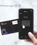 Biometric Fingerprint Crypto Wallet Card With Quick Login For Bitcoin Ethereum And ERC20 Tokens held near phone app display
