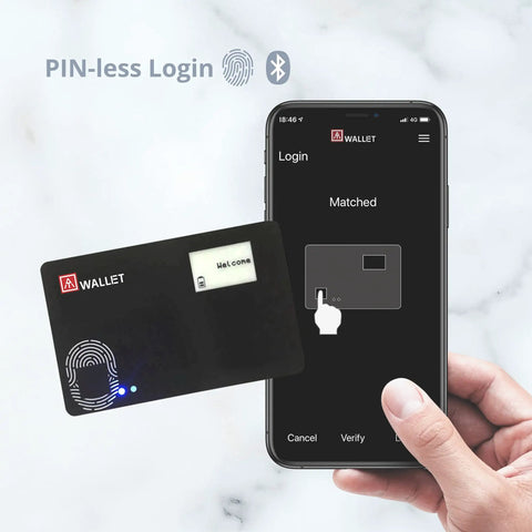 Biometric Fingerprint Crypto Wallet Card With Quick Login For Bitcoin Ethereum And ERC20 Tokens held near phone app display