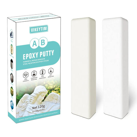 Two Part Epoxy Putty 120g Quick Leak Repair Stick For Bonding Plastic Ceramic Metal Stone Wood Glass Acrylic And More White Heat Resistant Water Resistant Wont Shrink Or Crack Pro Grade Repair packaging and two putty sticks.