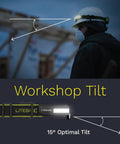 Person wearing Liteband Pro Multi Beam Series Headlamp Khaki 400 Lumens Wearable Band Light for Outdoor Missions at workshop