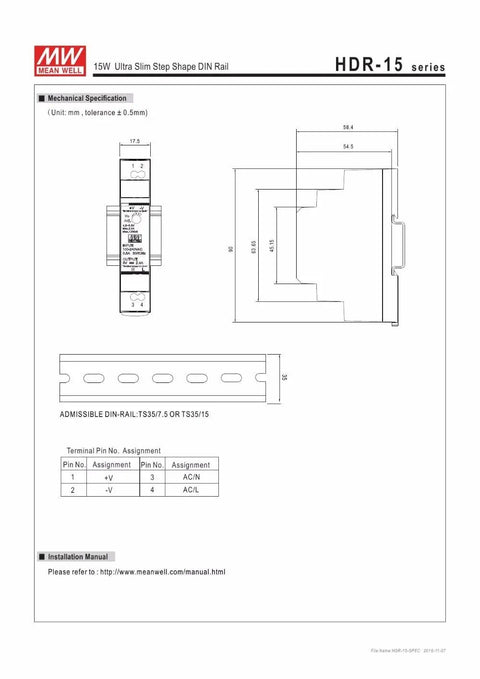 Mechanical specifications of Ultra Slim Step Shape 1SU DIN Rail Power Supply 12V 1.25A 15W HDR 15 12 for control panels.
