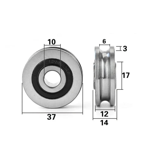 Heavy Duty Steel V Groove Wheel, Dead Nuts Smooth Sliding Gate Caster With U Bracket, dimensions shown, compact size for easy installation.