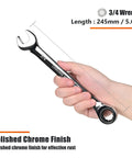 Pro Shop Workhorse 3/4 Inch Ratcheting Combination Wrench SAE in hand, polished chrome finish, effective for serious projects.