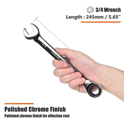 Pro Shop Workhorse 3/4 Inch Ratcheting Combination Wrench SAE in hand, polished chrome finish, effective for serious projects.